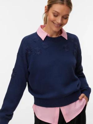 Vero Moda Strickpullover "VMDAISY EMB LS O-NECK PULLOVER BOO" mit zartem Blumenmuster