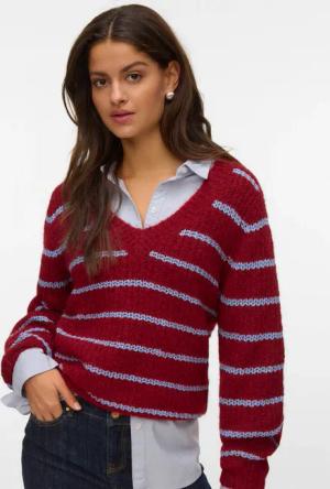 Vero Moda V-Ausschnitt-Pullover "VMAWESOME SHINE LS V-NCK STRIPE PULL BOO" mit Glitzer-Effekt