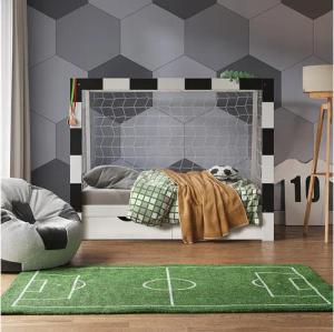VitaliSpa® Kinderbett Fußballtor, Weiß/Schwarz, 178 x 142.5 cm mit Schublade und Matratze (2-tlg)