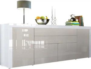 Vladon Sideboard La Paz V2 (Kommode, mit 2 Türen, 2 Schubkästen und 2 Klappen), Sandgrau Hochglanz/Weiß Hochglanz (200 x 72 x 35 cm)
