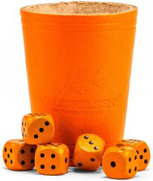 Waldfelsen Spiel – Echtleder Würfelbecher (9 cm) mit 6 Würfeln (16 mm) aus Buchenholz, Würfelspiel, Verschiedene Farben