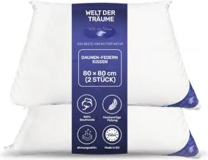 Welt der Träume 3-Kammer-Kopfkissen 2 Stück 80 x 80 cm Daunenkissen Füllung 1600 Gr. oder 1400, Füllung: Federn und Daunen, Bezug: 100% Baumwolle, Rückenschläfer, Bauchschläfer, Seitenschläfer, Set, 2 Stück, 100% Naturprodukt, Allergiker geeignet, Hergest