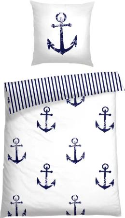 Wende-Bettwäsche 2-teilig Renforcé Anker Streifen weiß/navy - SCHIESSER Home 155*220