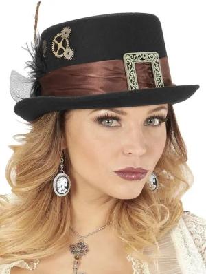 Widdmann Kostüm Niedriger Steampunk Zylinder - Fasching Halloween, Steampunk-Filzzylinder mit Messing-Applikationen