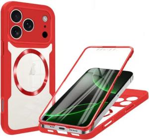 Wigento Handyhülle Für Apple iPhone 17 Pro MagSafe Ring Full Body 360 Grad TPU Hülle Rot, MagSafe 360 Grad Schutz Schutz Hülle