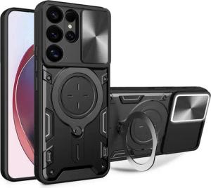 Wigento Handyhülle Für Samsung Galaxy S25 Ultra Sliding Kamera Hybrid Ring Hülle Schwarz, CD Texture, Schiebekameraabdeckung, Magnetischer Halter