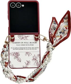 Wigento Handyhülle Für Samsung Galaxy Z Flip7 5G Blumen Hülle Halstuch und Perlenkette, Blumenmuster, Schalgriff, stoßfest