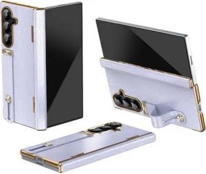 Wigento Handyhülle Für Samsung Galaxy Z Fold7 Design Leder Hülle mit Handriemen Lila, Leder Hülle mit einziehbarem Handriemen und integriertem Ständer