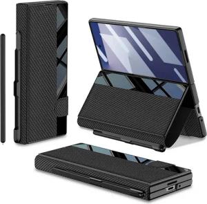 Wigento Handyhülle Für Samsung Galaxy Z Fold7 Integrierte Flip Hülle Stifthalter Carbon, Flip Hülle mit Stifthalter und Standfunktion