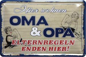 WOGEKA ART Metallbild Hier wohnen Oma und Opa - 20 x 30 cm Retro Blechschild, Blech333, Metallschild Wanddeko Spruch Schild Wandbild Türschild Großeltern