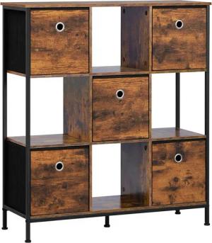 Woltu Bücherregal, mit 4 offenen Fächern, 5 Vliesstoff-Schubladen, Standregal 90x30x100cm