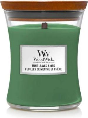 Woodwick Duftkerze Mint Leaves & Oak im mittelgroßen Sanduhr Glas mit Deckel, 275g, Frische Minzblätter treffen auf geräucherte Eiche und Zypresse