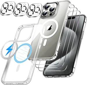 Wörleonline Smartphone-Hülle 7-in-1 für iPhone 15 Pro mit Kameraschutz und Displayschutzglas, 1x MagSafe kompatible Hülle, 3x Schutzfolie und 3x Kameraschutzglas