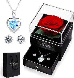 XDeer Schmuckset Ewige Rose mit Herz Halskette und Ohrringe aus 925 Sterlingsilber, Konservierte Blumen Rosenbox,Rose Geschenk für Frauen,Schmuckset