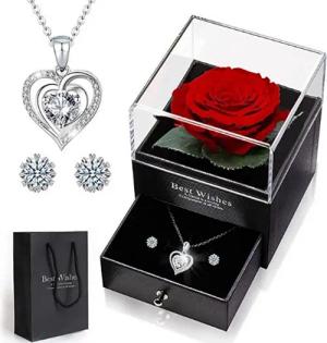 XDeer Schmuckset Ewige Rose mit Herz Halskette und Ohrringe aus 925 Sterlingsilber, Konservierte Blumen Rosenbox,Rose Geschenk für Frauen,Schmuckset