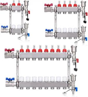 XERSEK Fußbodenheizung Edelstahl Heizkreisverteiler für Fußbodenheizung inkl. 1" Kugelhähne, mit Entlüfter Durchflussmesser für HKV