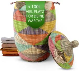 YAADU Wäschekorb mit Deckel 100L – Wäschesammler, Wäschetruhe, Aufbewahrungskorb, Handgefertigt in Afrika aus traditioneller Flechtkunst