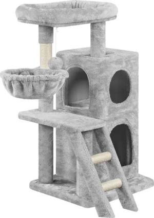 Yaheetech Kratzbaum 94 cm (H), Katzenbaum mit 2 Katzenhöhle, Liegemulde, Hängende Plüschball, Treppe