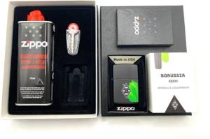 Zippo Feuerzeug Geschenkset Borussia Mönchengladbach schwarz grün oder silber (inkl. Benzin, Feuersteine und Geschenkbox), Geschenkidee Borussia Mönchengladbach