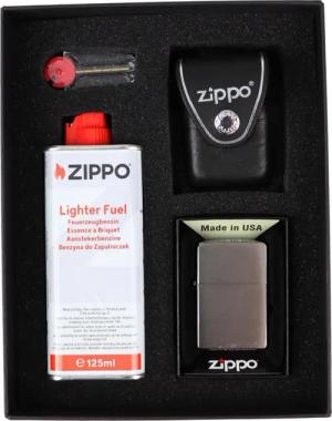 Zippo Feuerzeug Geschenkset inkl. ZIPPO Ledertasche inkl. Benzin und Feuersteinen, Echtleder Tasche von Zippo mit Schlaufe in schwarz oder braun