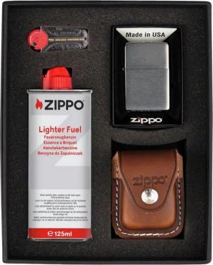 Zippo Feuerzeug Geschenkset inkl. ZIPPO Ledertasche inkl. Benzin und Feuersteinen, Echtleder Tasche von Zippo mit Schlaufe in schwarz oder braun