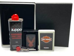 Zippo Feuerzeug Harley Davidson Motorrad schwarz matt Geschenkset Sturmfeuerzeug