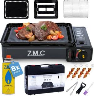 ZMC Gaskocher 2-in-1 Gaskocher + Gasgrill, Campingkocher mit 8x Gaskartuschen 227g, (mit Grillplatte + Grillrost, stufenlos regulierbar, Tischgrill), mit Tragekoffer, 3,8kg, Piezo-Zündung Wärmeleistung: 2,2KW