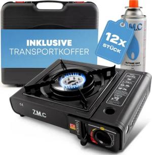 ZMC Gaskocher Gaskocher 1-flammig + Aufbewahrungskoffer + 12x Gaskartuschen 227g, (Butangas Campingkocher für Innenraum/Outdoor, Campinggaskocher 2,2 kW mit Piezozündung), Kochfeld Herd Gaskocher mit Kartusche, Gaskochfeld für Camping
